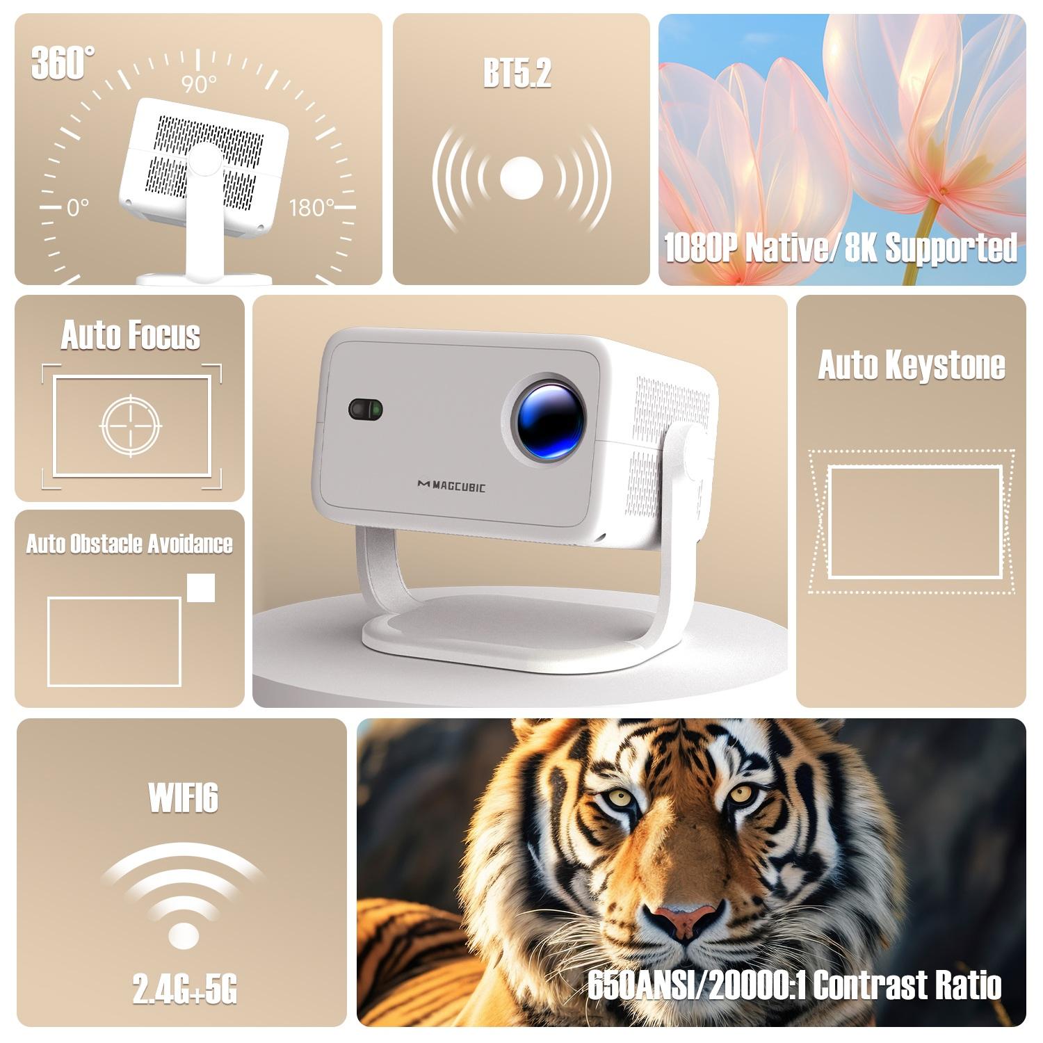 Magcubic L018 Auto Focus Projector 650ANSI Google Assistant 8K Videosource Supported Native 1080P Wifi6 BT5.2 Built-in HiFi Speaker Allwinner H726 Fully Auto Keystone Correction Portable Movie Outdoor Airmouse Intelligent