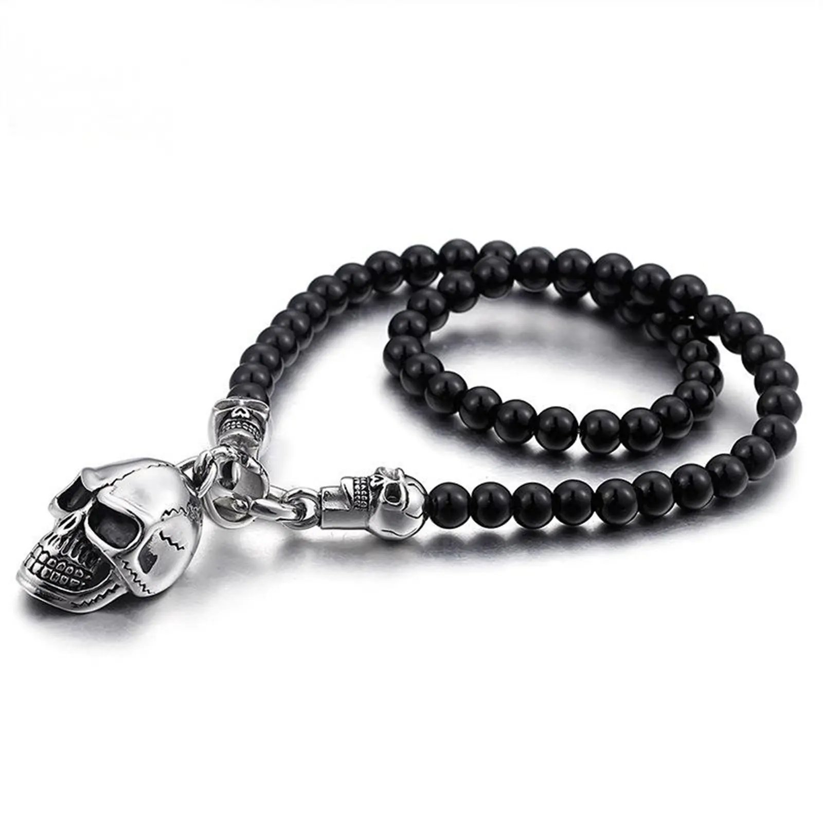 OIDEA Black Onyx Skull Necklace - 24in Gothic Punk Beaded Necklace with Stainless Steel Pendant for Men, Male Fashion Costume Jewelry Accessory summerwins
