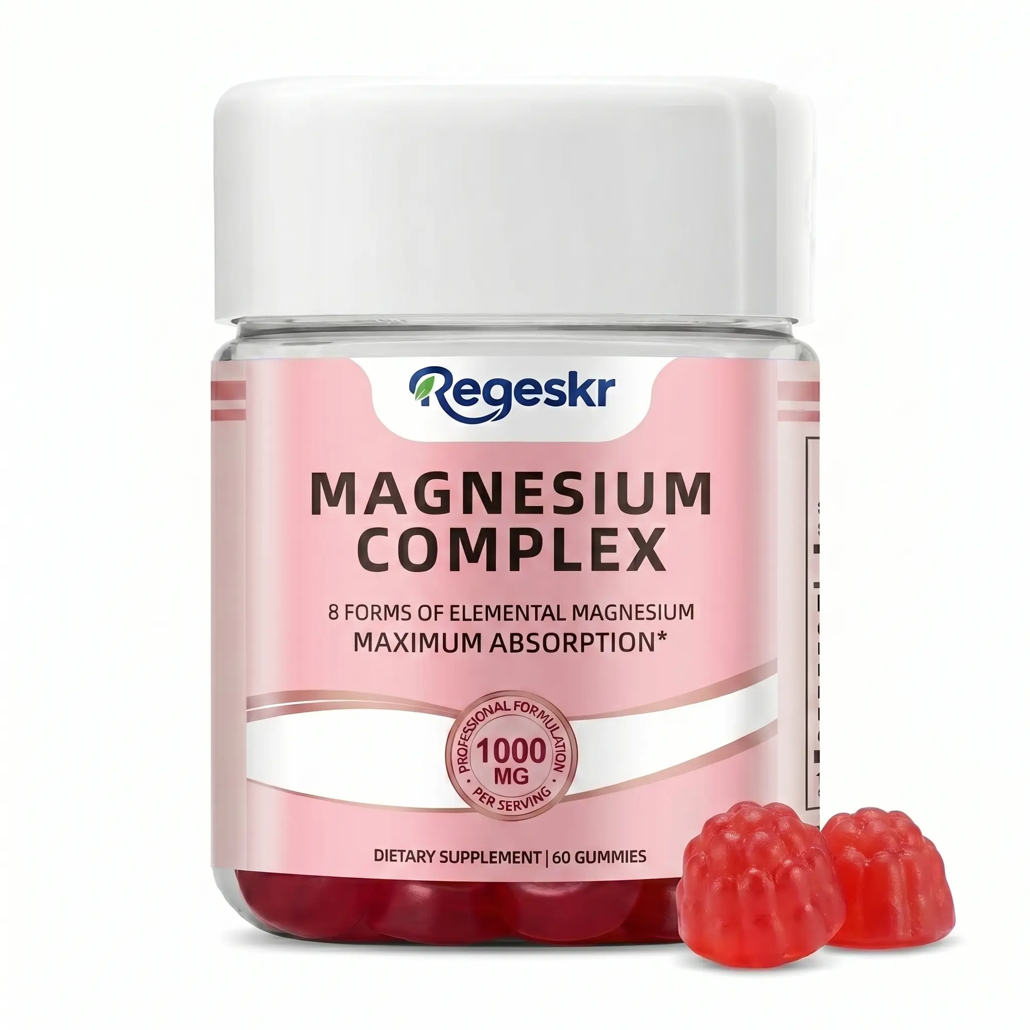 Regeskr Magnesium Complex Gummy Supplement Bottle – 8-in-1 Advanced Formula, 1000mg Elemental Magnesium per Serving, Sleep Aid, Muscle Recovery, Vegan Non-GMO, Peach Flavor, 60 Pieces/30-Day Supply (No Hard Pills)