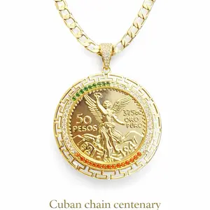 14 Gold Plated Mexican Flag 50 Pesos Miami Cuban Centenario Pendant Chain Hip-Hop Jewelry Accessory For All Occasions