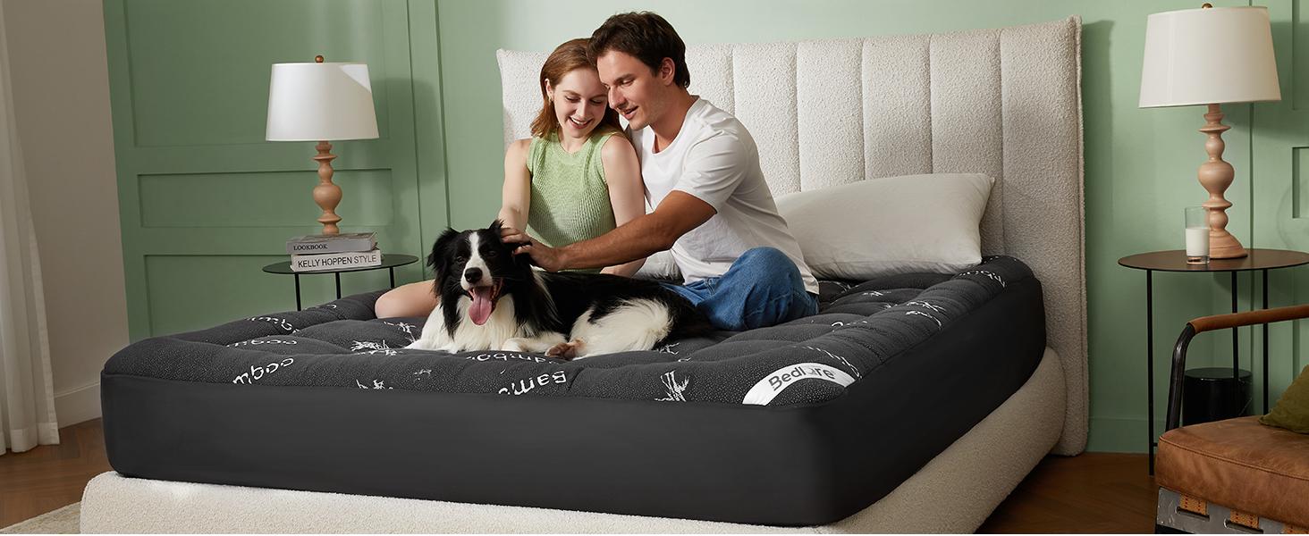 【BEDLORE】Bamboo Pattern Mattress Topper, Thicken Pillow Top Pad for Comfy Mattresses, Cooling Mattress Cover with 6-18" Deep Pocket, Pressure Relief Bedding Protector for Home & Hotel