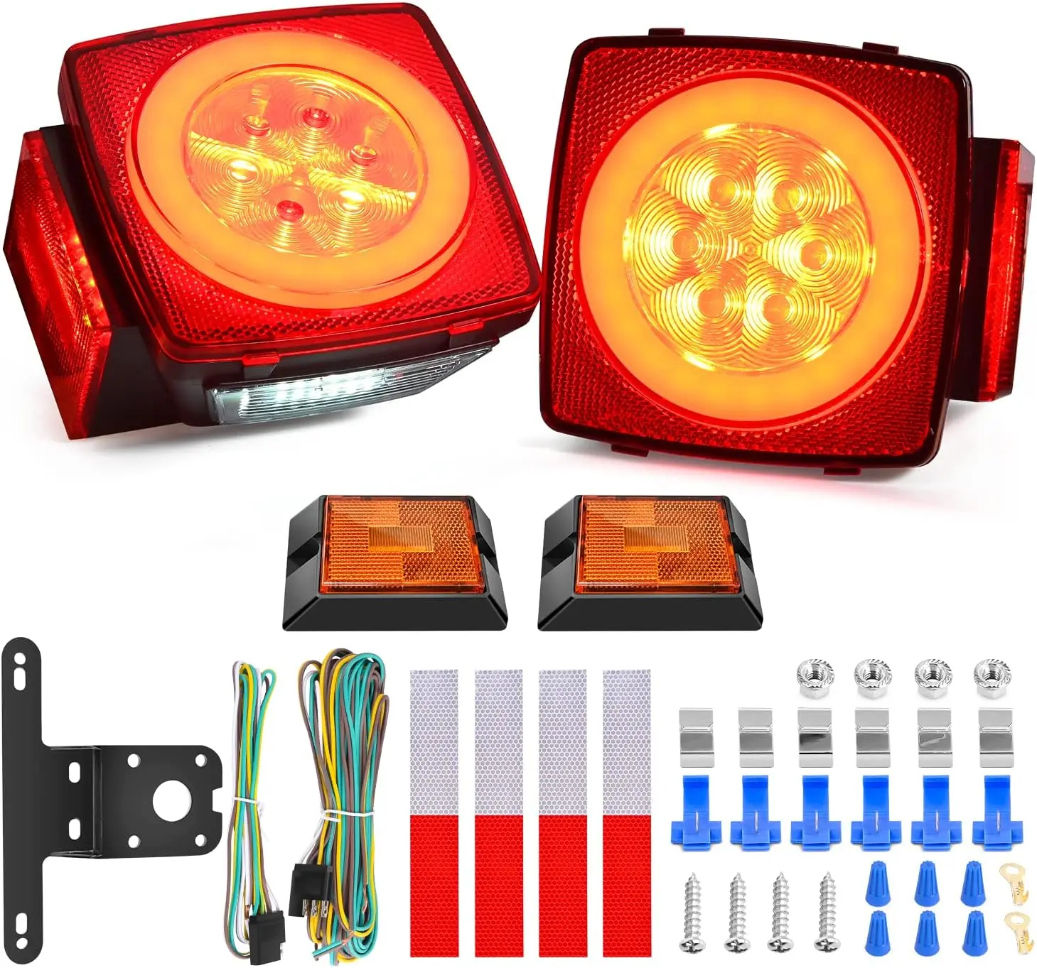 Nilight 2PCS Square LED Tow & Trailer Lights Kit - Halo Glow, Full Function, 12V DC Epoxy Sealed Submersible, Stop/Turn-Tail, Side Marker, Clearance, White Plate Lights w/Reflective Stickers (TL-41) for Caravan