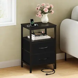 Nightstand with Charging Station USB Ports AC Outlets Bedside Table Adjustable Fabric Drawer Open Shelf Modern End Table for Bedroom