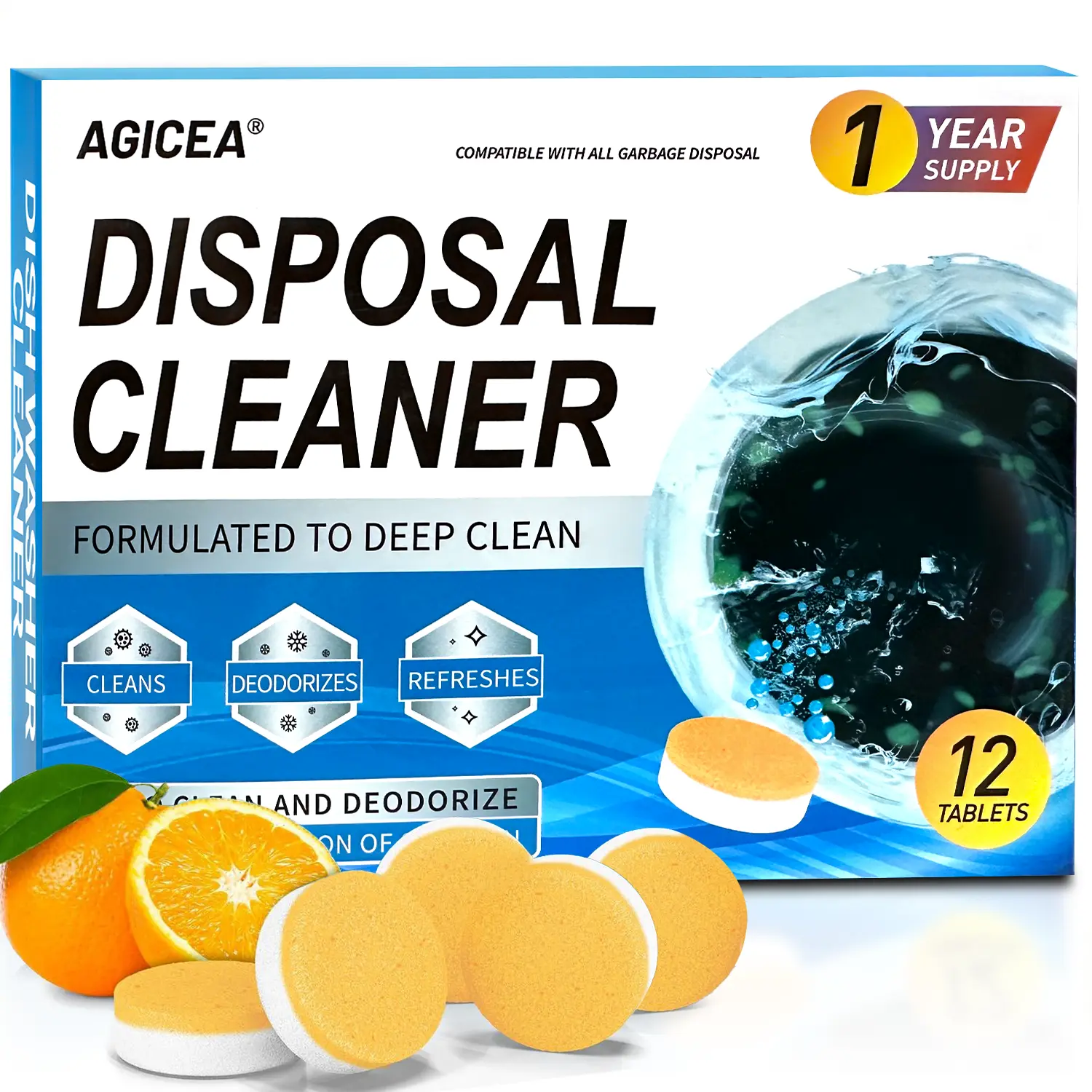 AGICEA XL Scented Solid Household Kitchen Drain Cleaner Tablets - Citrus Foam Formula, Fast Sink Odor Removal, Food Buildup Elimination, Maintains Freshness (12 Count), Home Cleaning Products, Kitchen Cleaning Supplies