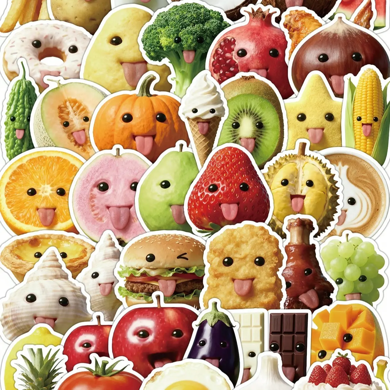 50 colorful food stickers, Decorative stickers, Cute stickers, Foodie Assorted Decals, can be personalized, high-definition waterproof material, suitable for refrigerators, lunch boxes, thermos cups, Sticker Collage Pack