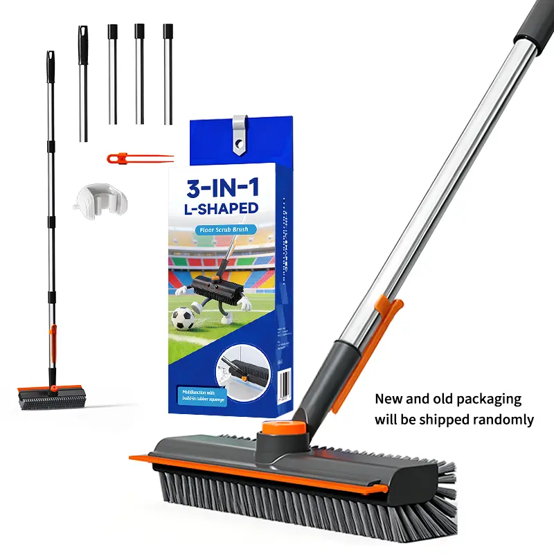 3-in-1 Stainless Steel Long-Handle Cleaning Supply Floor Scrub Bathtub Brush (30" to 54" Adjustable) - Bristle Scraper Broom, Water Broom, Rotating Head Scrubber-Squeegee Combo for Bathroom, Glass, Courtyard Surfaces，floor scrub brush with long handle