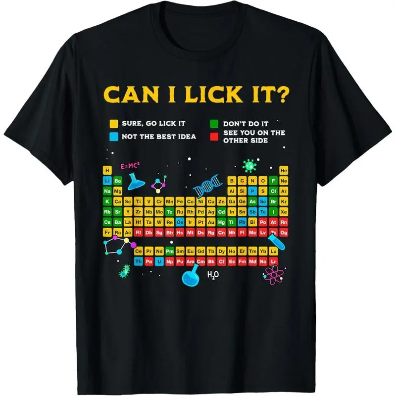 Men's Casual Round Neck Short-Sleeve Tshirt - Funny Periodic Table "Can I Lick It" Graphic Tee for Science Teachers, Menswear Top