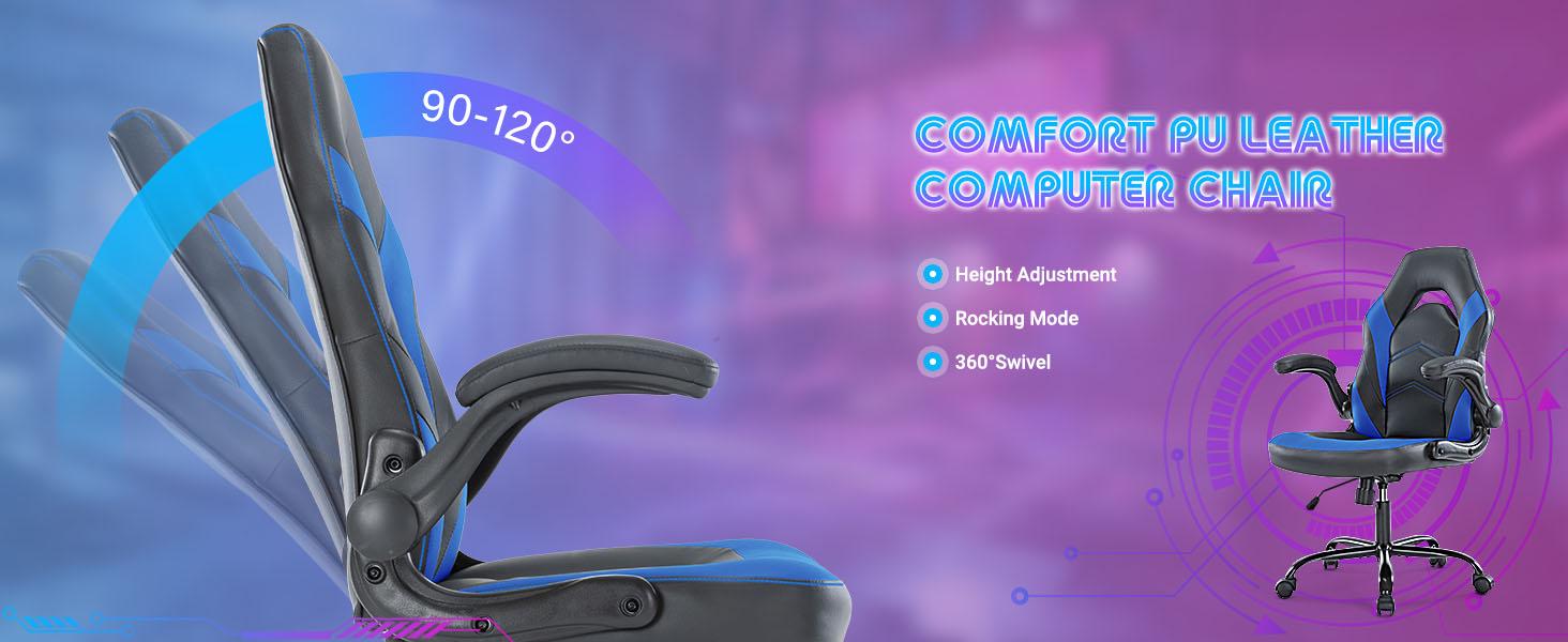 Sweet Furniture F Gaming Chair, Ergonomic Office Chair High Back Computer Chair with PU Leather and Flip-up Armrest, Executive Ergonomic Adjustable Swivel Task Chair