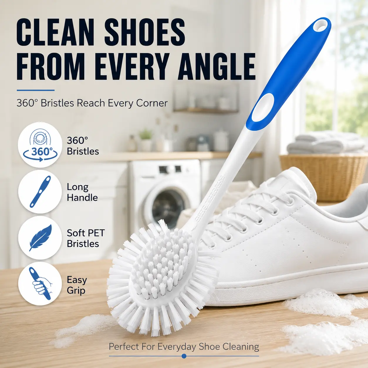 360° Shoe Cleaning Brush, Long Handle Soft Bristle Sneaker Cleaning Brush for Shoes, Multi-Purpose Scrub Brush for Sneakers, Boots, Canvas & Leather Shoes