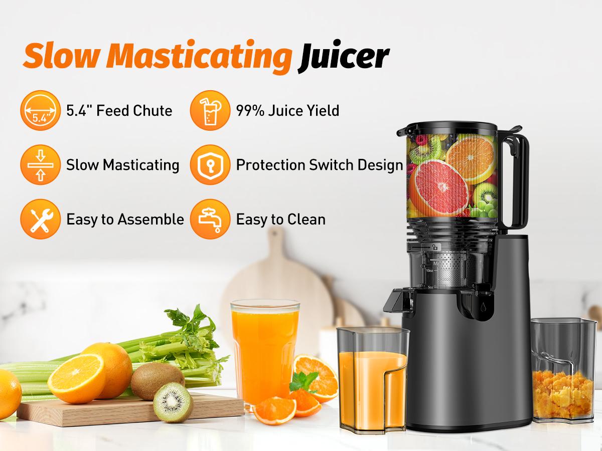 LQZ 350W Cold Press Juicer - Slow Masticating, 5.4 Inch Feed Chute, High Juice Yield, Easy Clean, 55rpm Technology for Whole Fruits & Veggies,sohochic