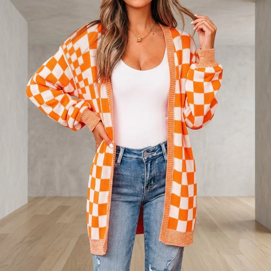 Women's Oversized Checkered Knit Cardigan with Color Block, Slouchy Aesthetic Open Front Top for Casual Streetwear, Tops, Chic