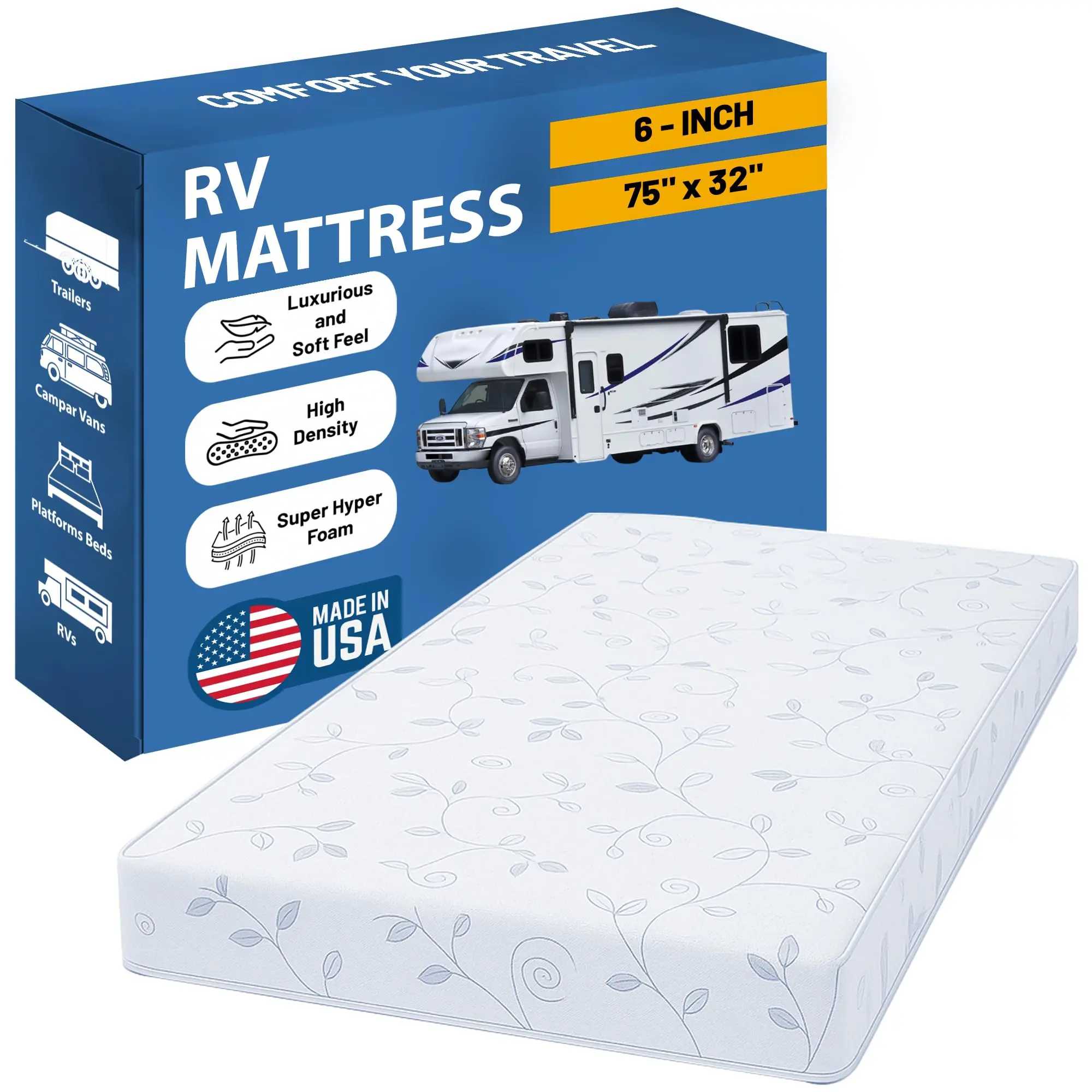 Greaton, 6-Inch High-Density Foam RV Mattress Replacement, Medium Firm, Good for Trailers, Camper Vans, Sofa Bed and Other Furniture Application, 75" x 32", White 75" x 32" 6-Inch