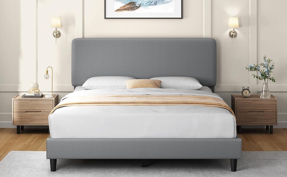 Yaheetech Bed Frames with Adjustable Headboard, Chenille Fabric Upholstered Headboard/Platform Bed, No Box Spring Needed/Wood Slats Support/Easy Assembly