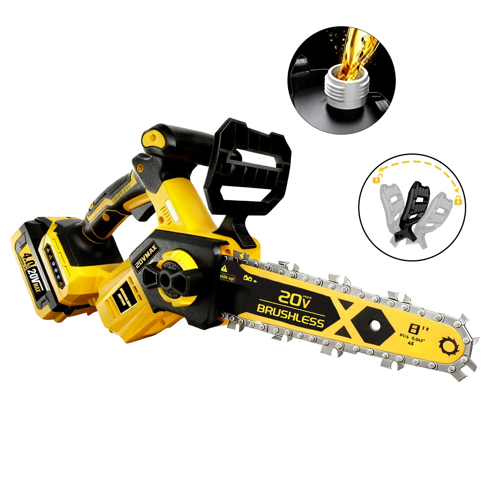 8 inch Chainsaw for Dewalt 20V MAX Battery, 2026 Upgraded Cordless Brushless Pruning Chainsaw with Oiling System & Chain Brake, Battery Powered for Wood Cutting (4.0Ah Battery Included)