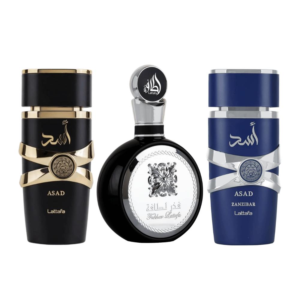 Lattafa Asad, Asad Zanzibar, and Lattafa Fakhar Men Eau De Parfum 3.4 Oz Bundle for Men - Long Lasting Scent for Men
