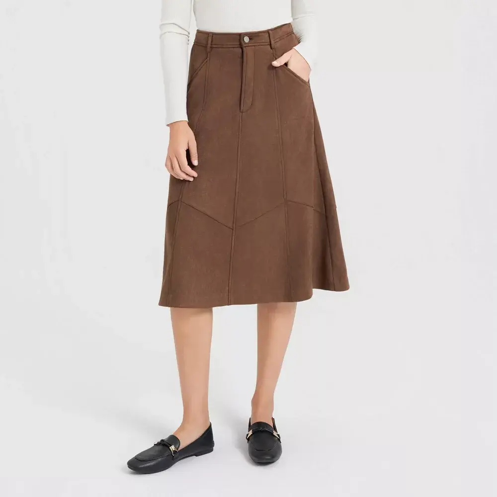 Women's Faux Suede Knit Midi A-Line Slim Skirt - Polyester, Spandex Fabric, Pair with Sweaters, Tops, Universal Fit