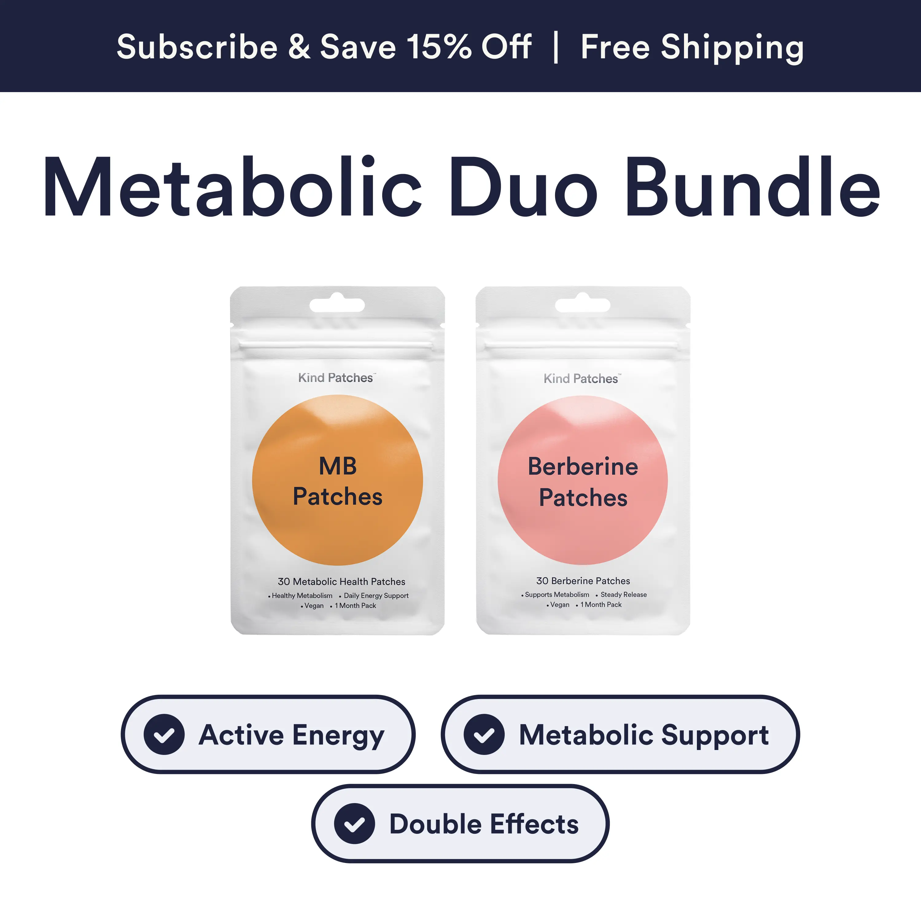 Kind Patches Metabolic Duo Bundle, 30 MB Patches + 30 Berberine Patches, Energy Support, Healthy Metabolism, Steady Release, Vegan