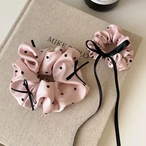 Pink Polka Dot Satin Hair Tie – Ballet Style Bow Ribbon Hair Accessory for Wom