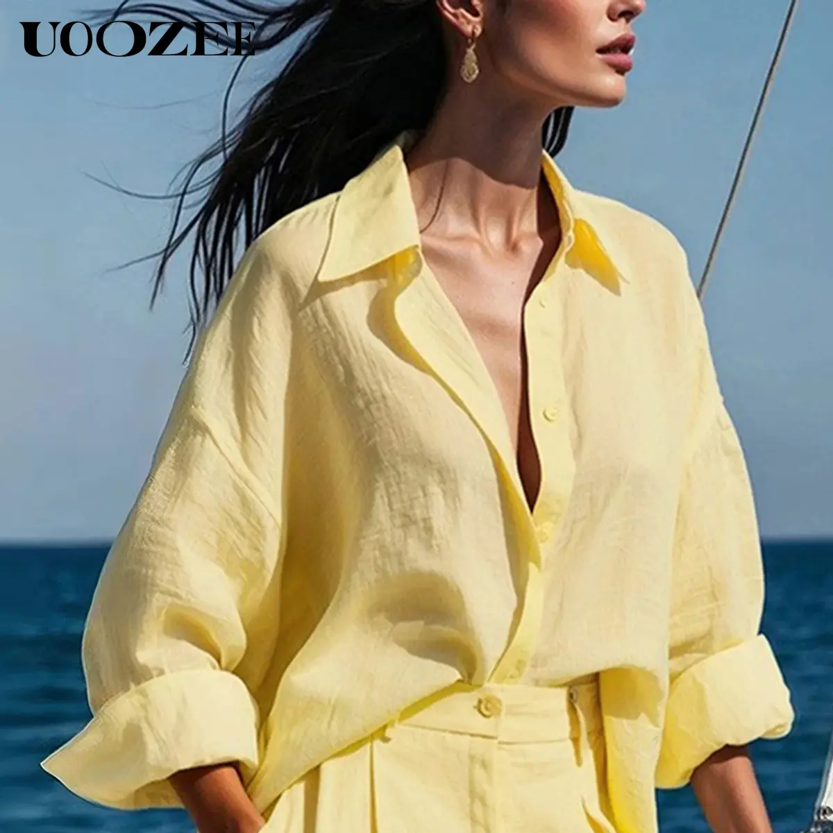UOOZEE Women's Basic Longsleeve Button Up Shirt, Casual Solid Collared Loose Blouse for Thanksgiving, Valentines Day & Going Out, Blouses, Foldable, Loose Fit, Comfortable