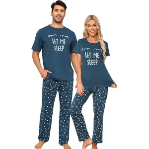 Cotton Matching Pajamas for Couples Cute Printed Short Sleeve Top & Long Pants Sleepwear Pjs Sets EISHOPEER