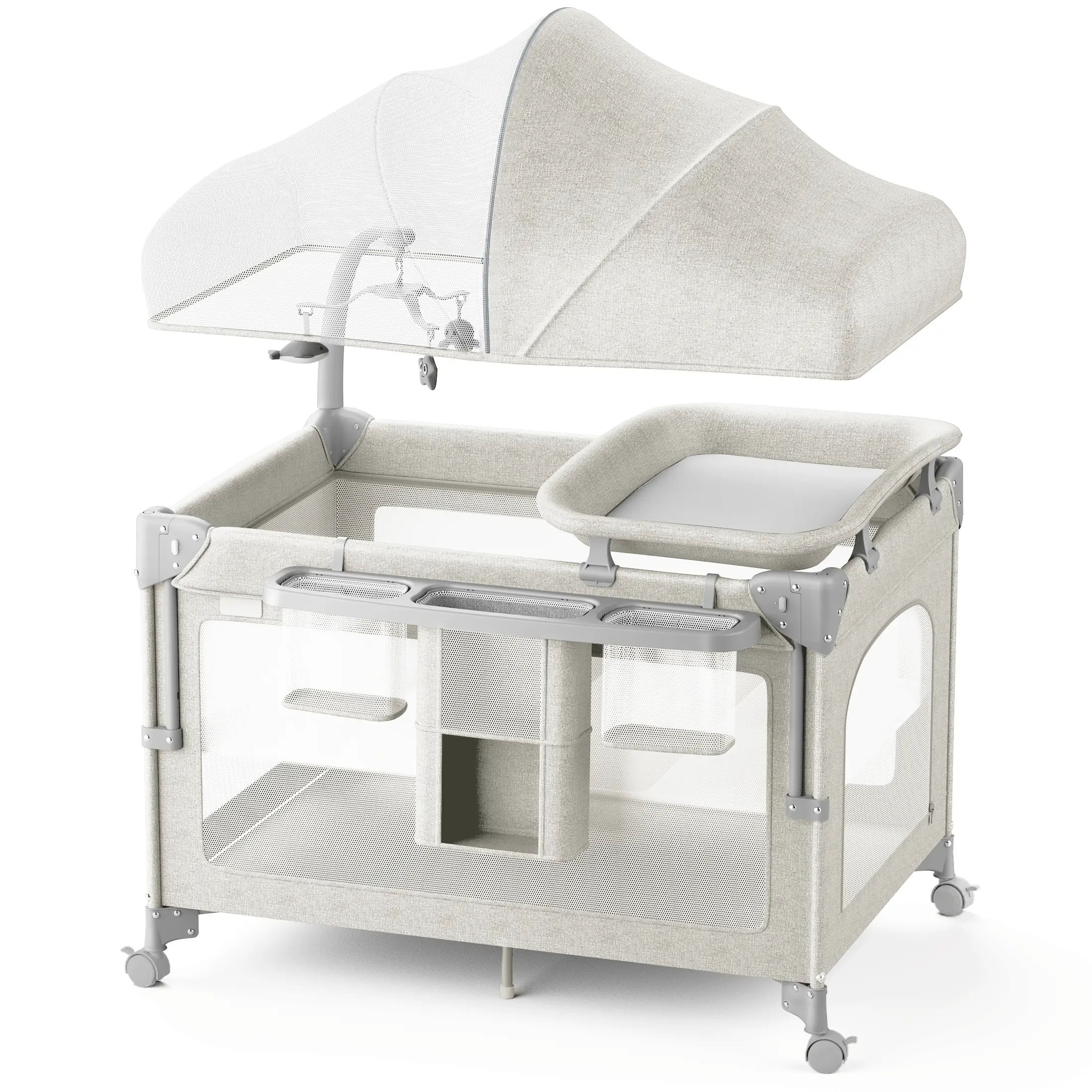 BabyBond 3 in 1 Baby Bassinet, Bedside Crib Sleeper, Easy Assembled Portable Playpen with 2 Adjustable Heights, Removable Diaper Changing Pad, Storage Bag, Mosquito Net, 3 Toys, Toy Rack & Wheels for Infant Newborn 0-2 Years, #Summervibes