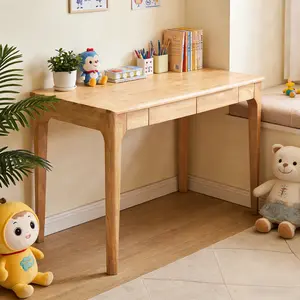 Solid Wood Desk with Drawers, Mid Century Modern Home Office Desk for Small Spaces, 100% Solid Wood Computer Table with Smooth Edges & Double Drawer Storage for Study, Bedroom, Living Room