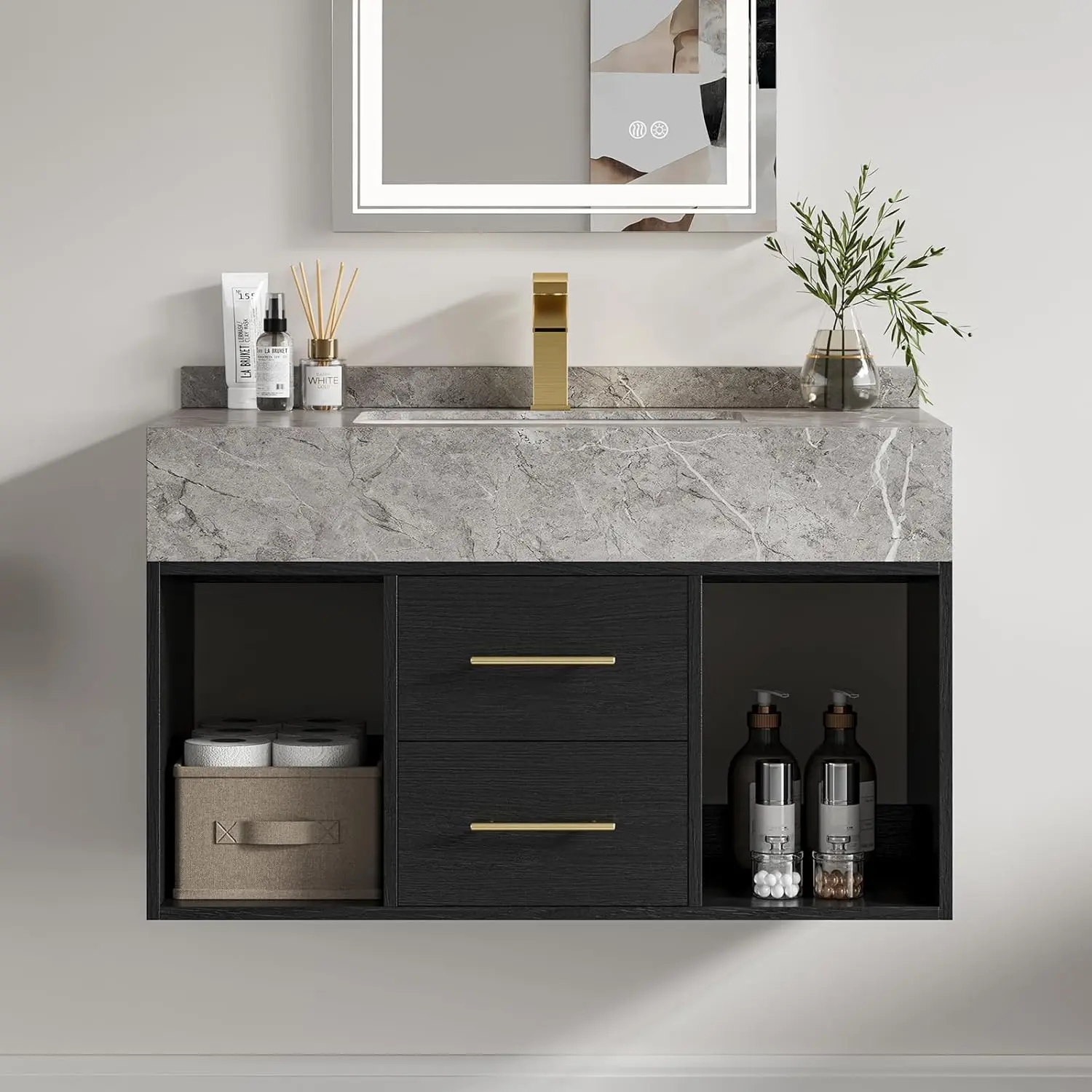 Homary 35.4" Wide Wood Wall Hanging Bathroom Vanity with Sink - Sturdy Wall Mounted Bathroom Furniture, Sintered Stone Wipeclean Top, Undermount Sink, Mid-Size Non-Locking Drawer, 2 Open Shelves, Assembly Required, Black Indoor Cabinet, Floor Space Freed