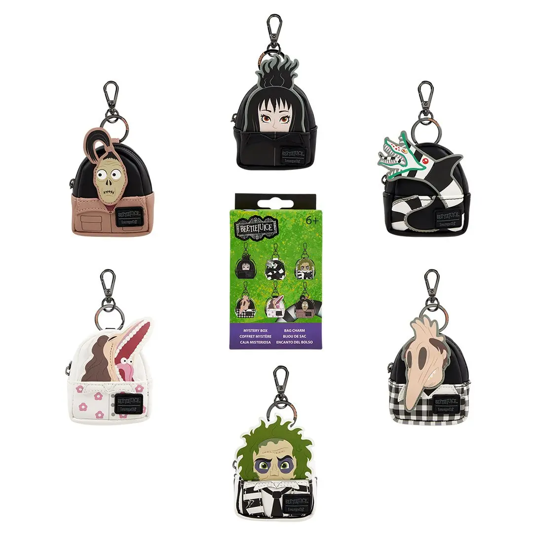 Loungefly Beetlejuice Mini Backpack Keychain Charm, Faux Leather Cosplay Style Collectible with Printed Character Art, Mystery Bag, Key Charms, Keychain Decor, Collectibles, Mysterypackfinds, Unisex, Movies & Tv, Beetlejuice Fans, Printed Art, Cosplay Cha