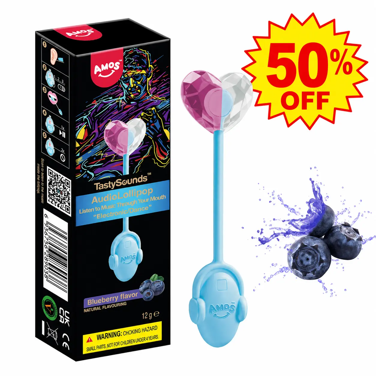 (50% off)AMOS TastySounds Audio Lollipop Candy Gift – Heart-Shaped Music Lollipop, Sweet Strawberry & Berry Flavors, Cute Tech Candy, Romantic Creative Gift, Individually Wrapped Surprise