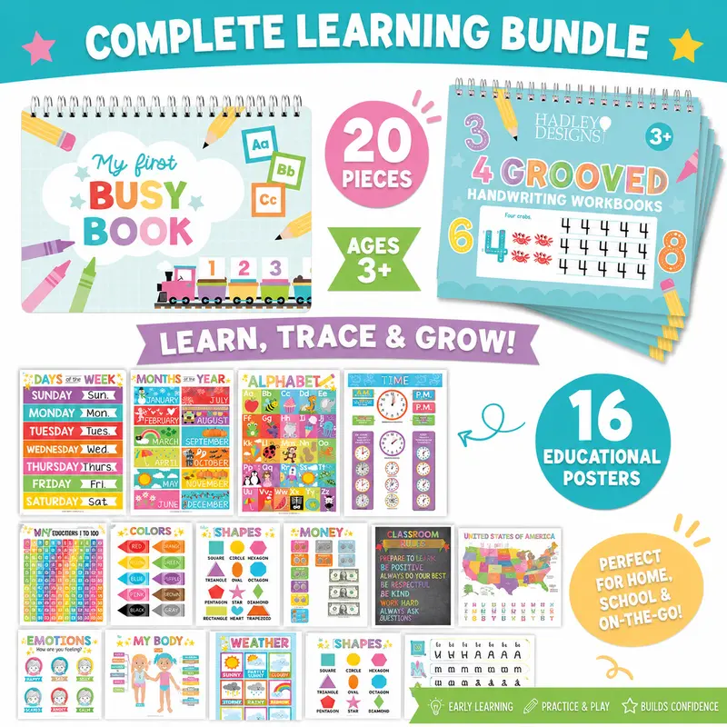 Hadley Designs Homeschool Preschool Bundle for Ages 3-7 - 16 Educational Posters, Montessori Busy Book & Grooved Handwriting Set