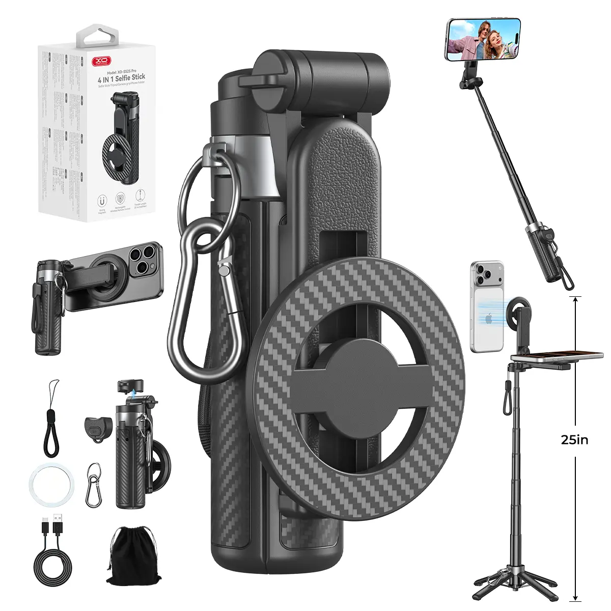 [BackToSchool] 2026 Upgrated 4-in-1  Magnetic Selfie Stick with Remote for Cell Phone 360° Rotation.Can Transforms into Mini Tripod/Camera Grip/Handheld Stabilizer/Phone Stand.Extend to 25 inches