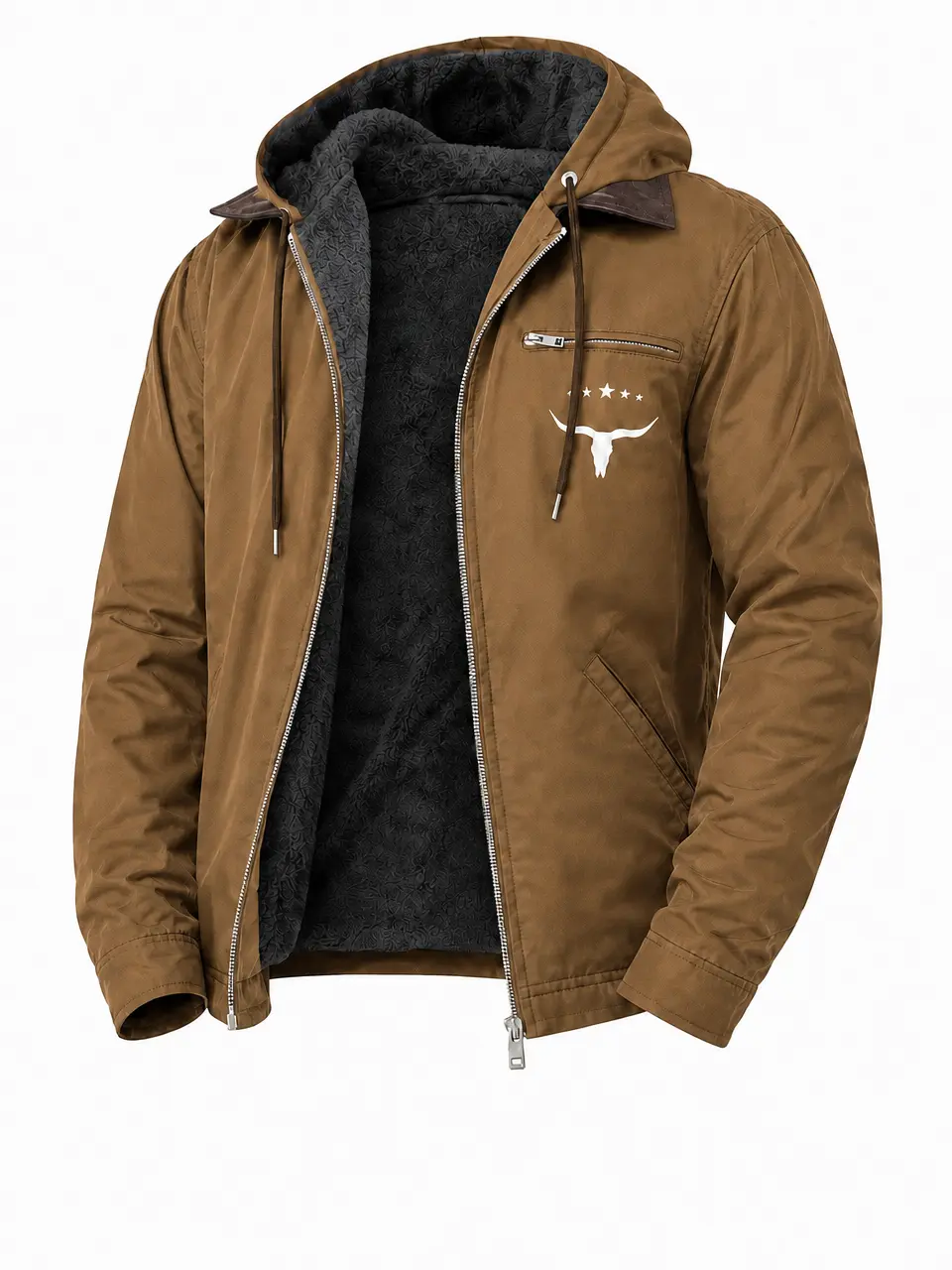 Men's Retro Brown Canvas Fleece Lined Hooded Trucker Jacket, Western Longhorn Skull Graphic Zip Up Winter Warm Work Coat