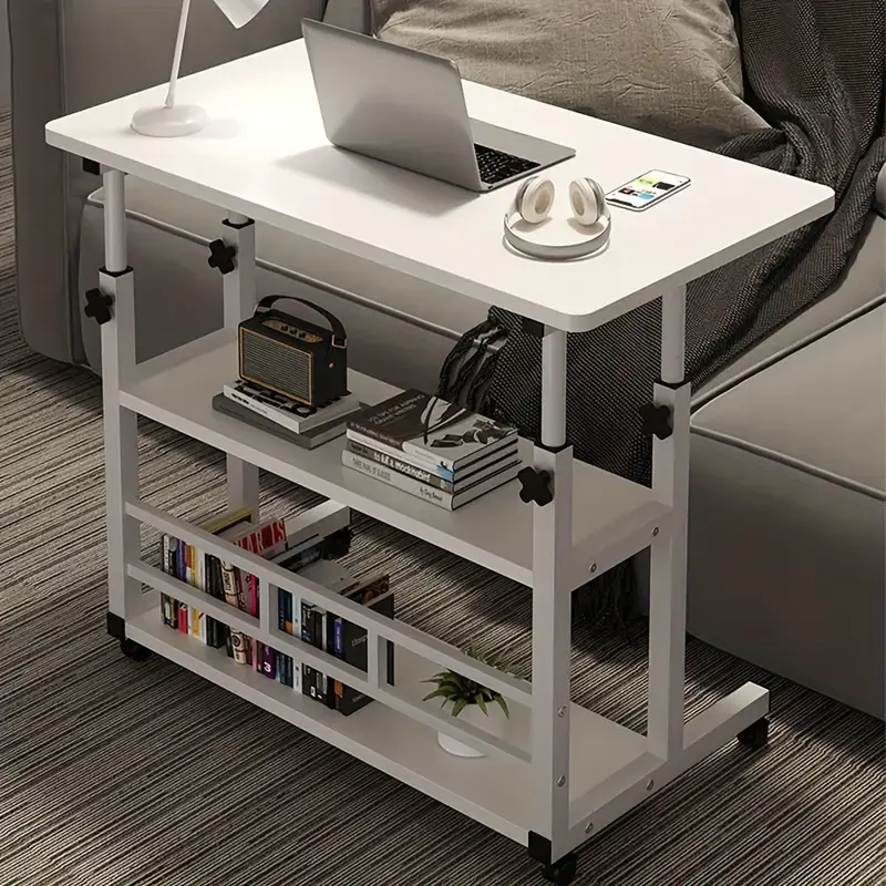 3-Tier Metal Frame Folding Desk with Wheeled Storage Rack, Height-Adjust Expandable Desktop, Portable Office Accessories, Mobile Computer/Study Desk for Home Office, Bedroom