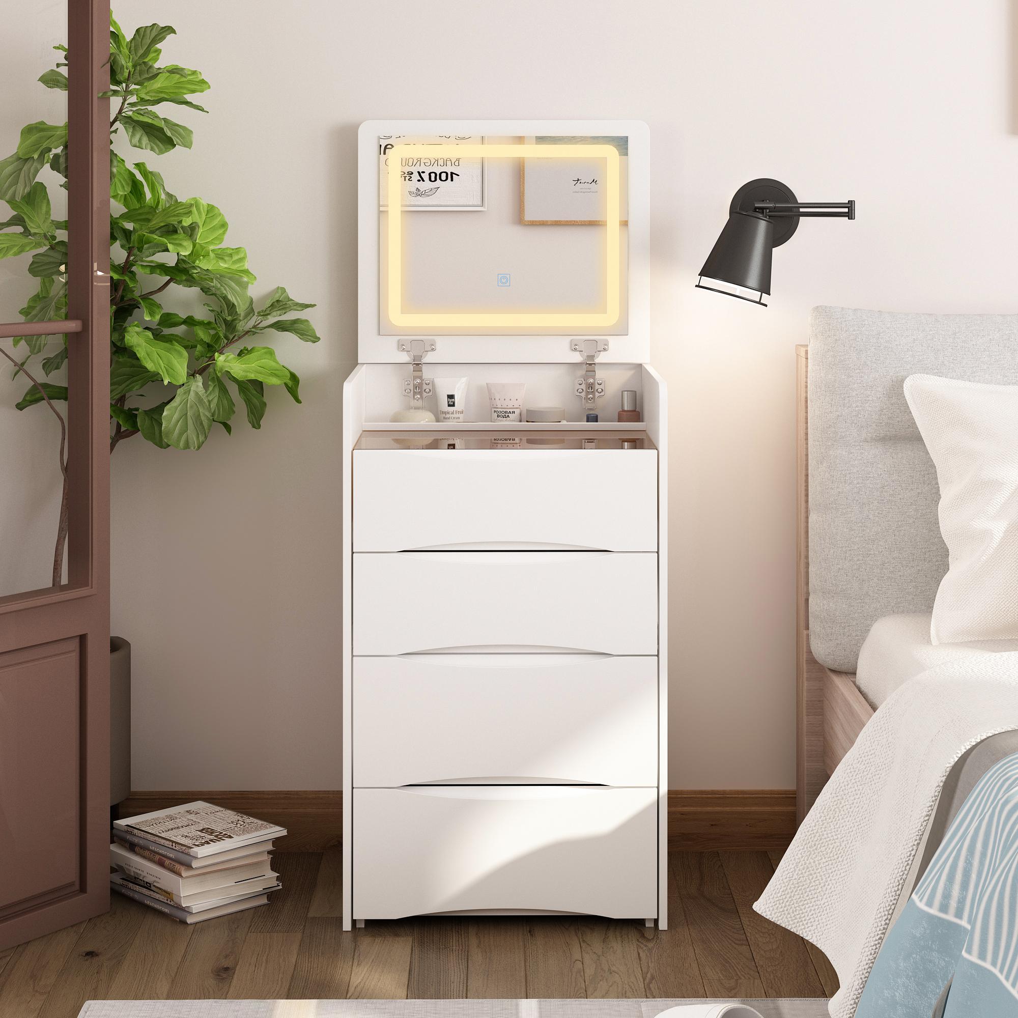 Hitow Makeup Vanity Desk with Lighted Flip-up Mirror 18.3" Wide Dressing Table with 3 Drawers Shelves & Cushioned Stool White Led Sensor Button Storage