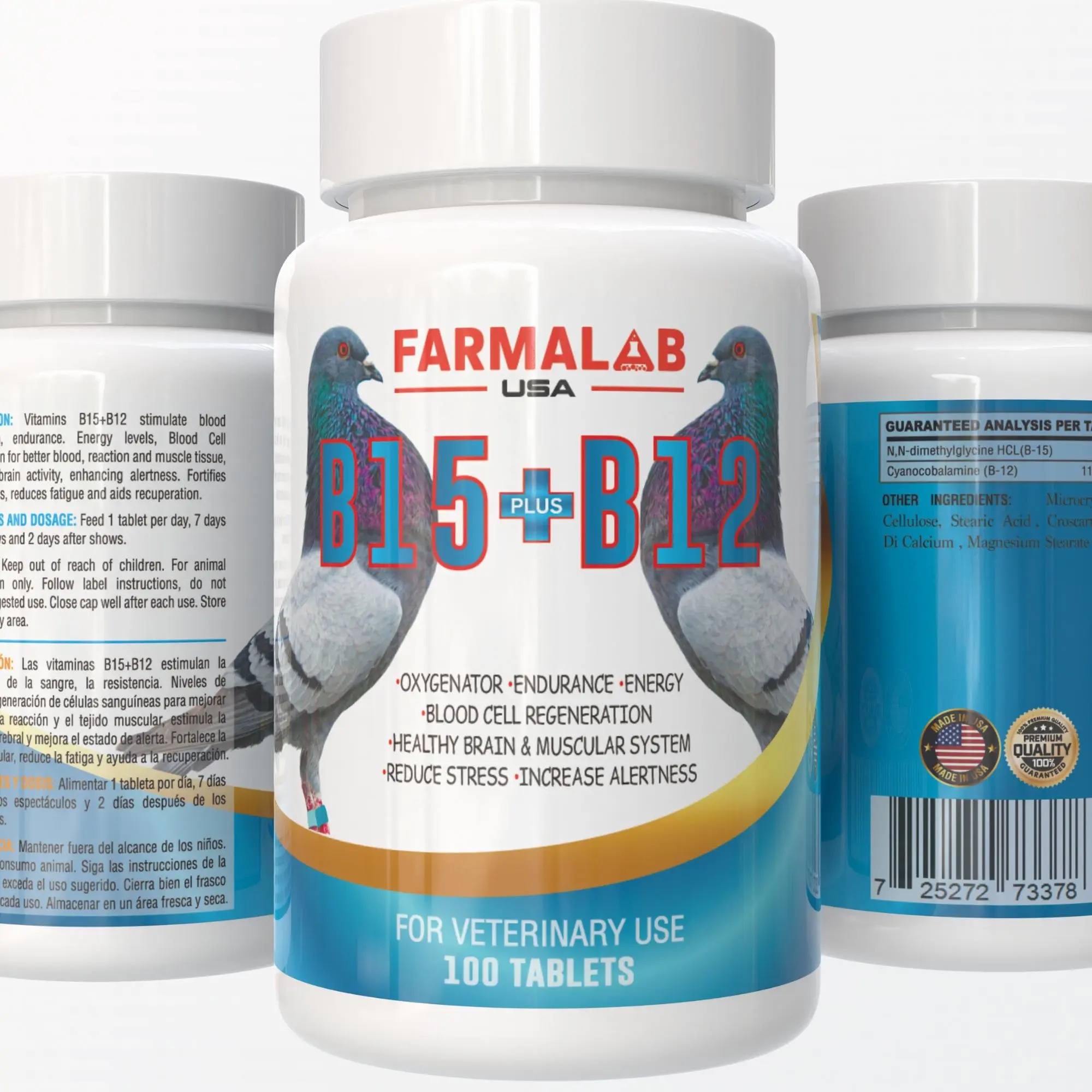 Farmalab Usa B15-Cyanocobalamine (B-12) Pigeon Vitamin Supplement Tablet Bottle, Single Item, 100 Tablets, 35mg, 500g, 7 Days Energy Formula, Endurance Aid, Better Alertness, Blood Oxygenation Enhancement, Muscle Support (Bird Healthcare Supplies), Boost