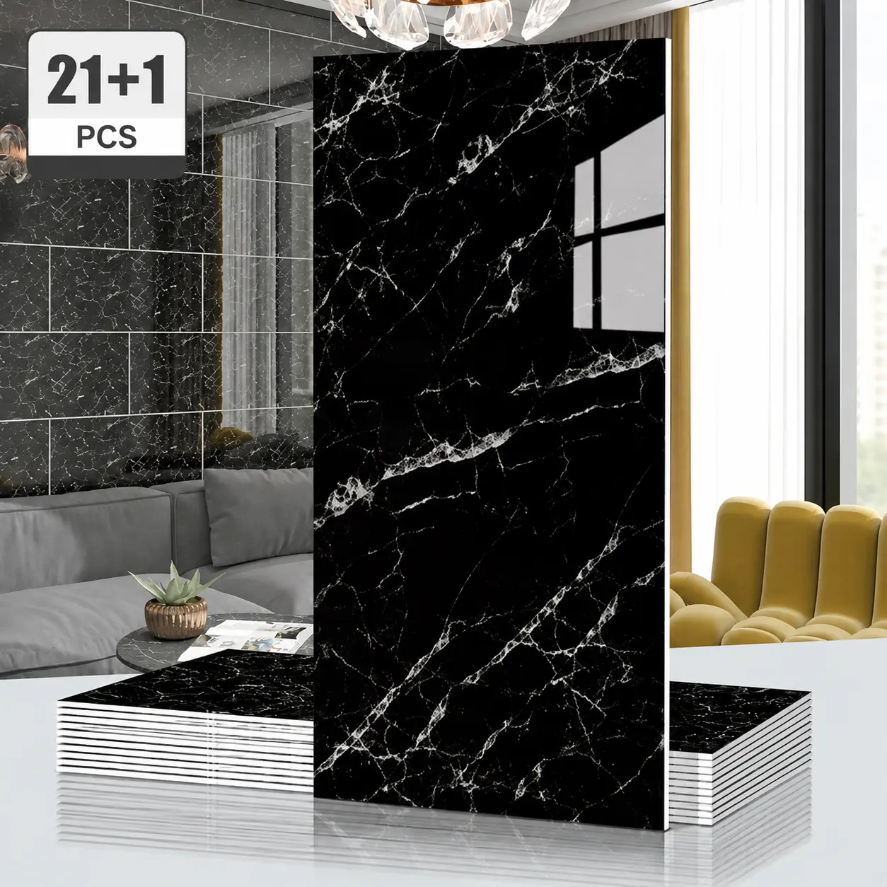 Modern Marble Peel-and-Stick Wall Tiles, Minimalist Black & White Self-Adhesive Panels, Easy Install Home Decor for Wall, DIY Home Supplies, 8/16/22 PCS