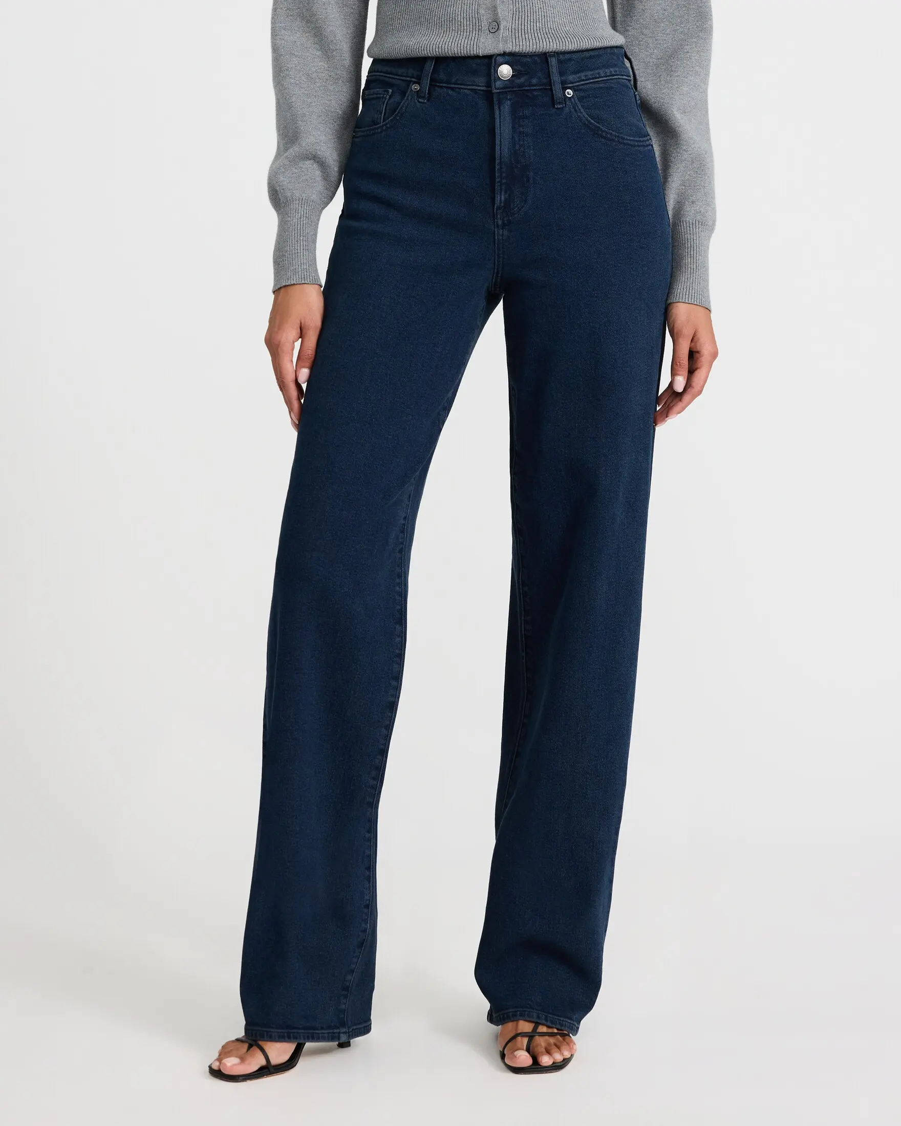 Express Women's High Waisted Relaxed Straight Jeans, Dark Wash Stretch Denim with Multiple Inseam Lengths (Short, Regular, Long)