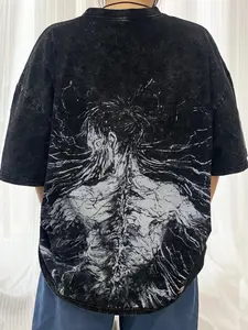 Attack on Titan Eren Cotton Washed T-shirt, 100% Cotton, Direct-to-Garment Printed T-shirt, Survey Corps Cosplay Short Sleeve Comfortable Unisex Top Men's T-shirt Streetwear Tropical Loose Casual Style