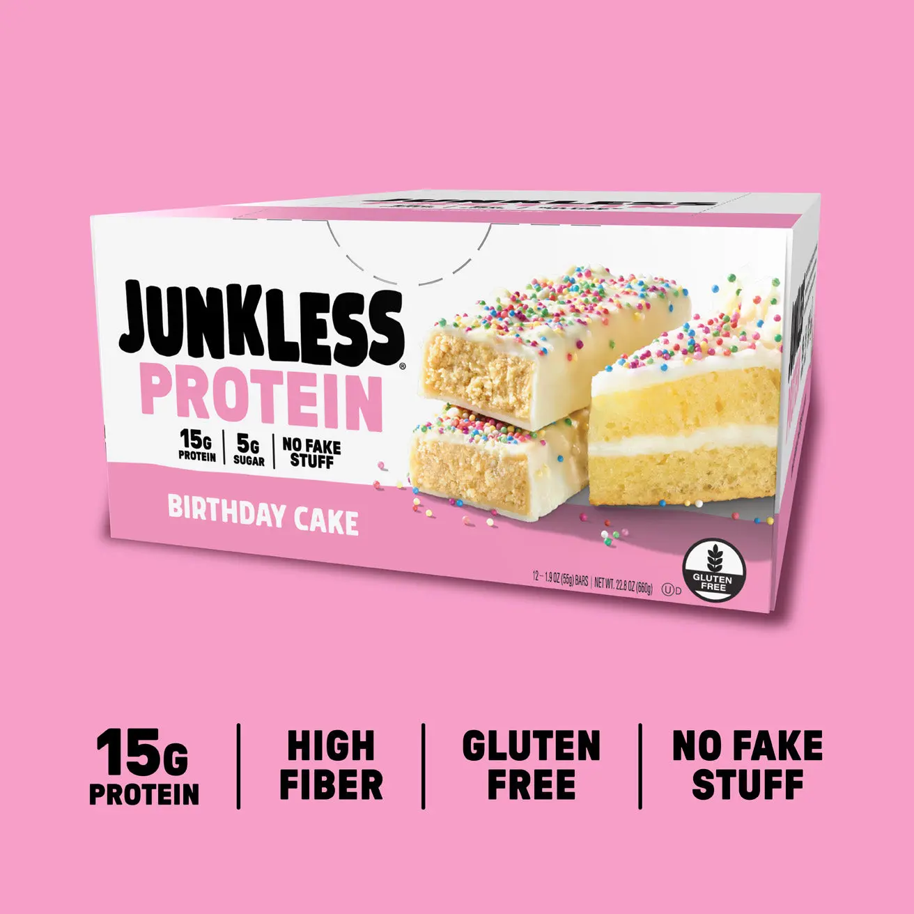 JUNKLESS Protein Bars Birthday Cake - 15g Protein, High Fiber, Gluten Free, Clean Ingredients