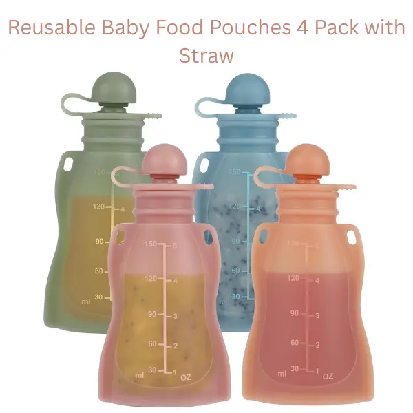 Reusable Baby Food Pouches 4 Pack with Straw, BPA Free Silicone Squeeze Pouches, Refillable Toddler Food Storage Bags Summer Gift