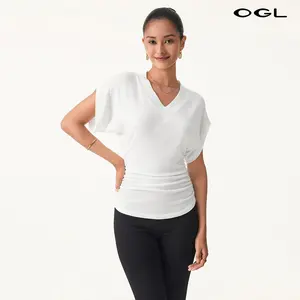 OGL Semi-sheer Lyocell Cashmere Blend V-neck Short Sleeve Side Ruched Tee Summervibes