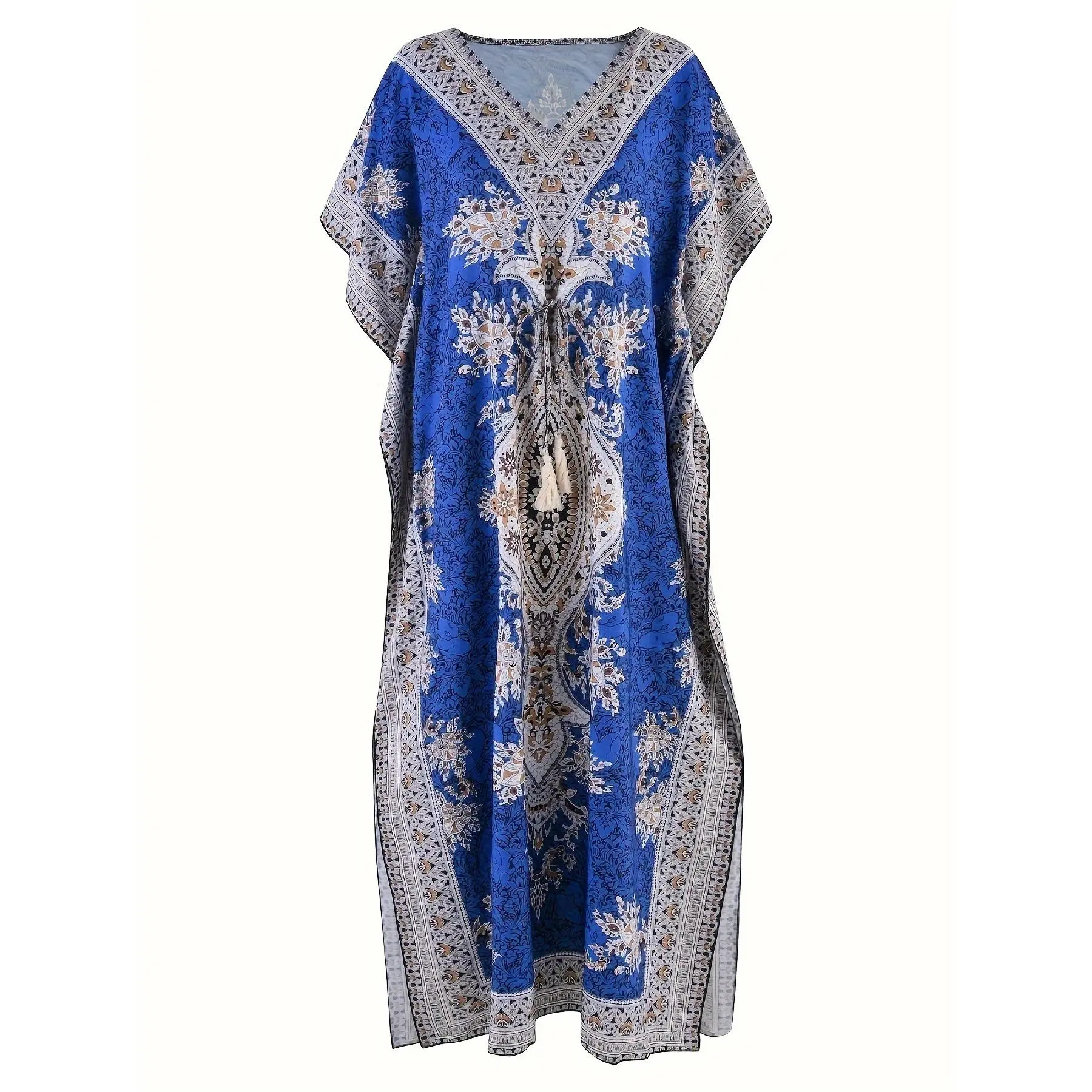 Women's Traditional Turkish Muslim Kaftan, Middle Eastern Print Casual Beach Maxi Dress with Tassel Detail, Polyester, All-Season, Loose Fit, Woven Sleeveless Kaftan for Casual Outings
