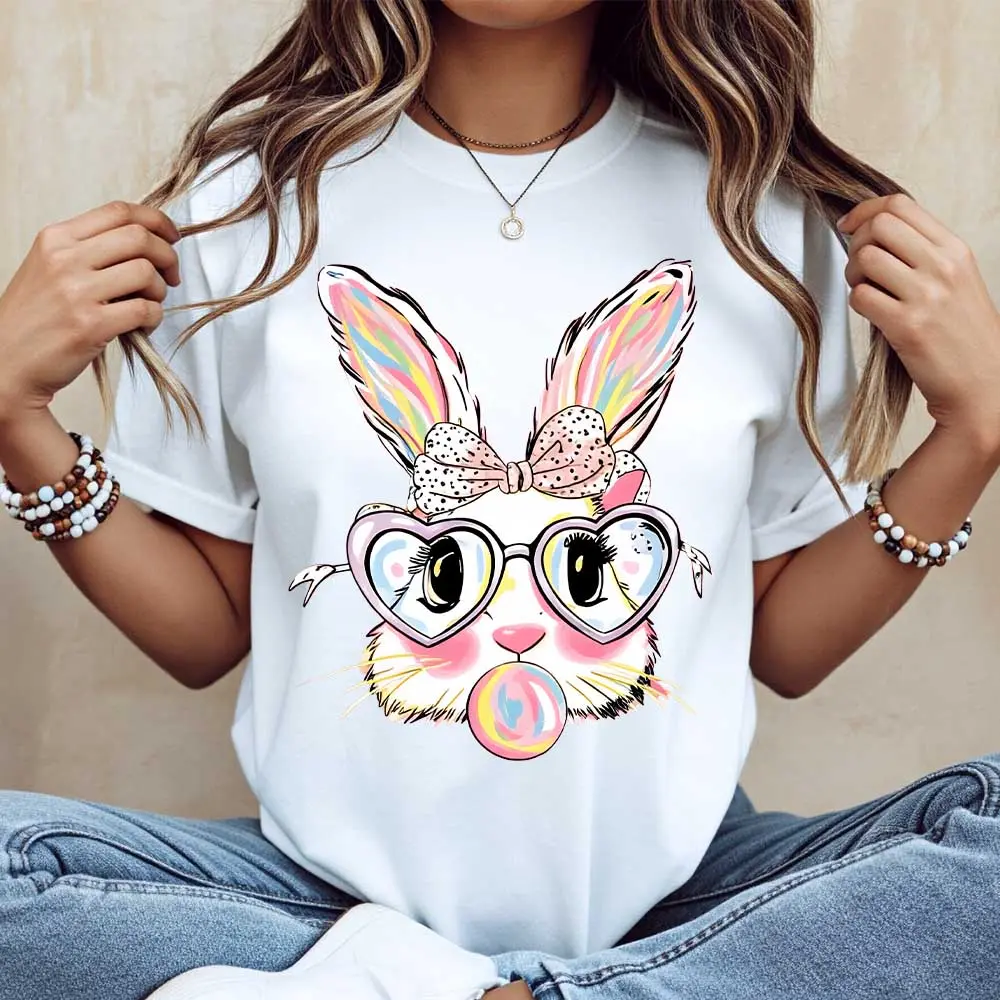 Women's Cotton Oversized Crew Neck Graphic Tshirt - Cute Bunny Rabbit Print, Heart Glasses, Bubblegum Design, White Breathable Relaxed Loose Fit Top, 1-Piece for Spring Holiday Wear, Relaxed Fit, Bunny Print, Style, Lady, Breathable Fabric, Short Sleeve,,