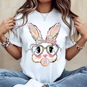 Easter Bunny T Shirt for Women Cute Rabbit Graphic Tee White Y2K Coquette Aesthetic Spring Break Outfit Heart Sunglasses Bubblegum Print Preppy Streetwear Viral Holiday Gift 24H Fast Shipping Ready To Ship T-Shirt Costume