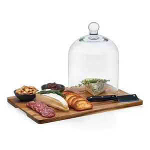 Libbey 4-Piece Acaciawood Cheese Board Set, Round Charcuterie Board with Glass Dome, Knife and Bowls, Charcuterie Boards Gift for Weddings, Parties