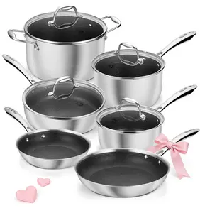 KOCH SYSTEME CS Triply Stainless Steel Cookware Set 10 Piece, Nonstick Hybird Stainless Steel Pots and Pans Set, Kitchen Cookware Set with Honeycomb Interior, 18/10 Steel, Induction Compatible