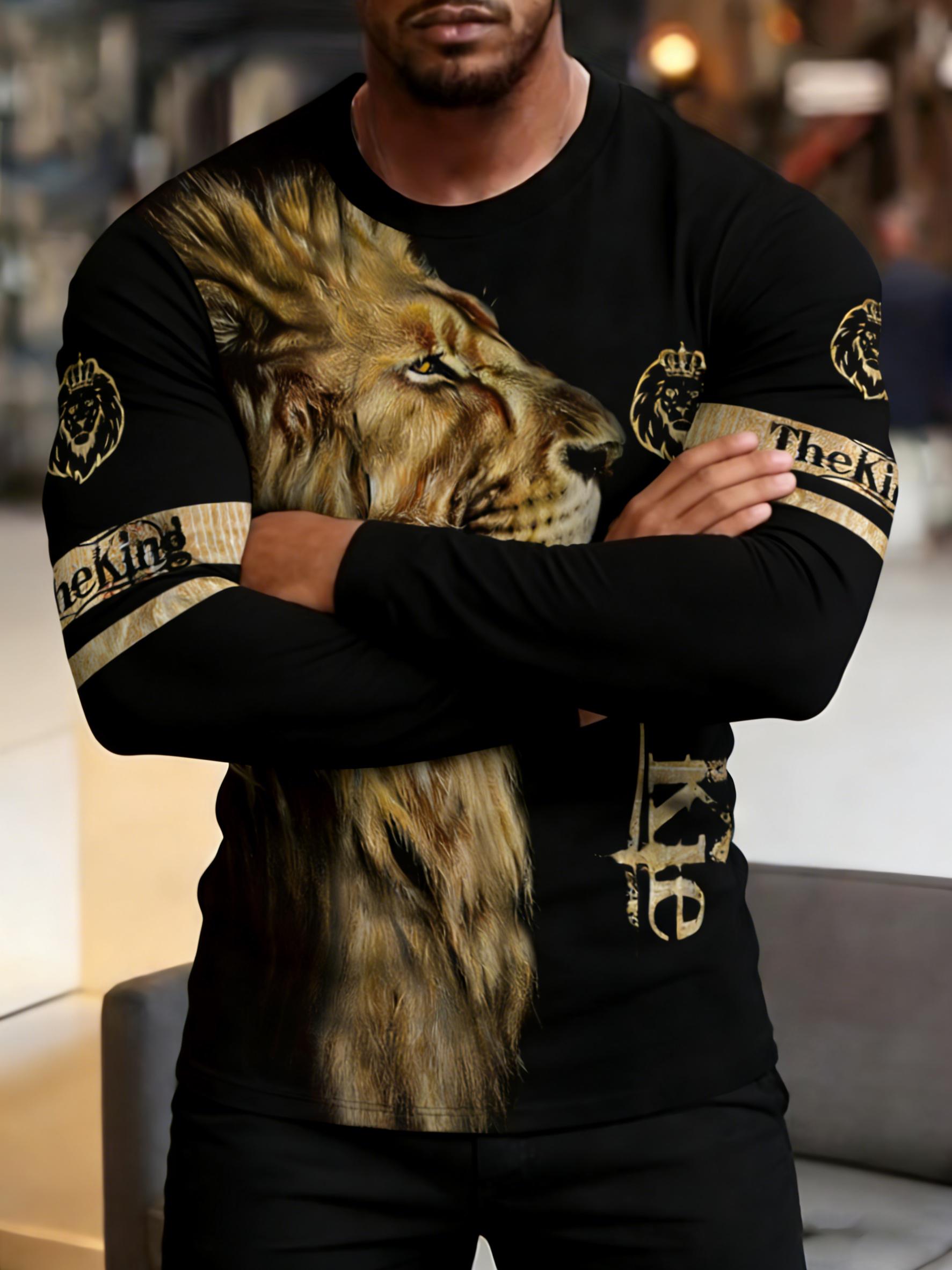 Men's Casual Long-Sleeve 'King' Lion Print T-Shirt - Black and Gold Animal Print, Fashion Crown Emblem, Casual Streetwear, Perfect for Daily Casual Wear