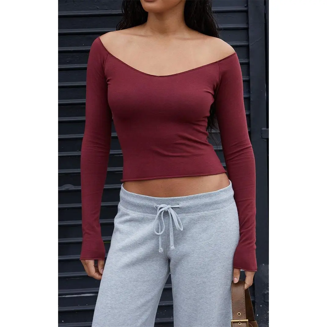 John Galt Women's Burgundy Scoop Neck Long Sleeve Top