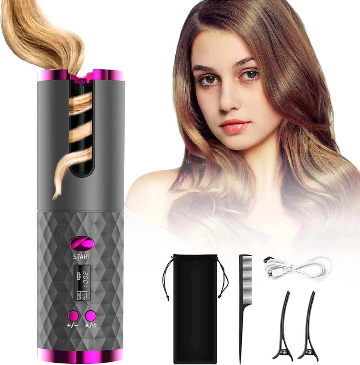 Automatic Cordless Hair Curler with LCD Display, Adjustable Timer and Temperature, 2-In-1 USB Portable Ceramic Rollers, Fast Heating, Gradient Blue