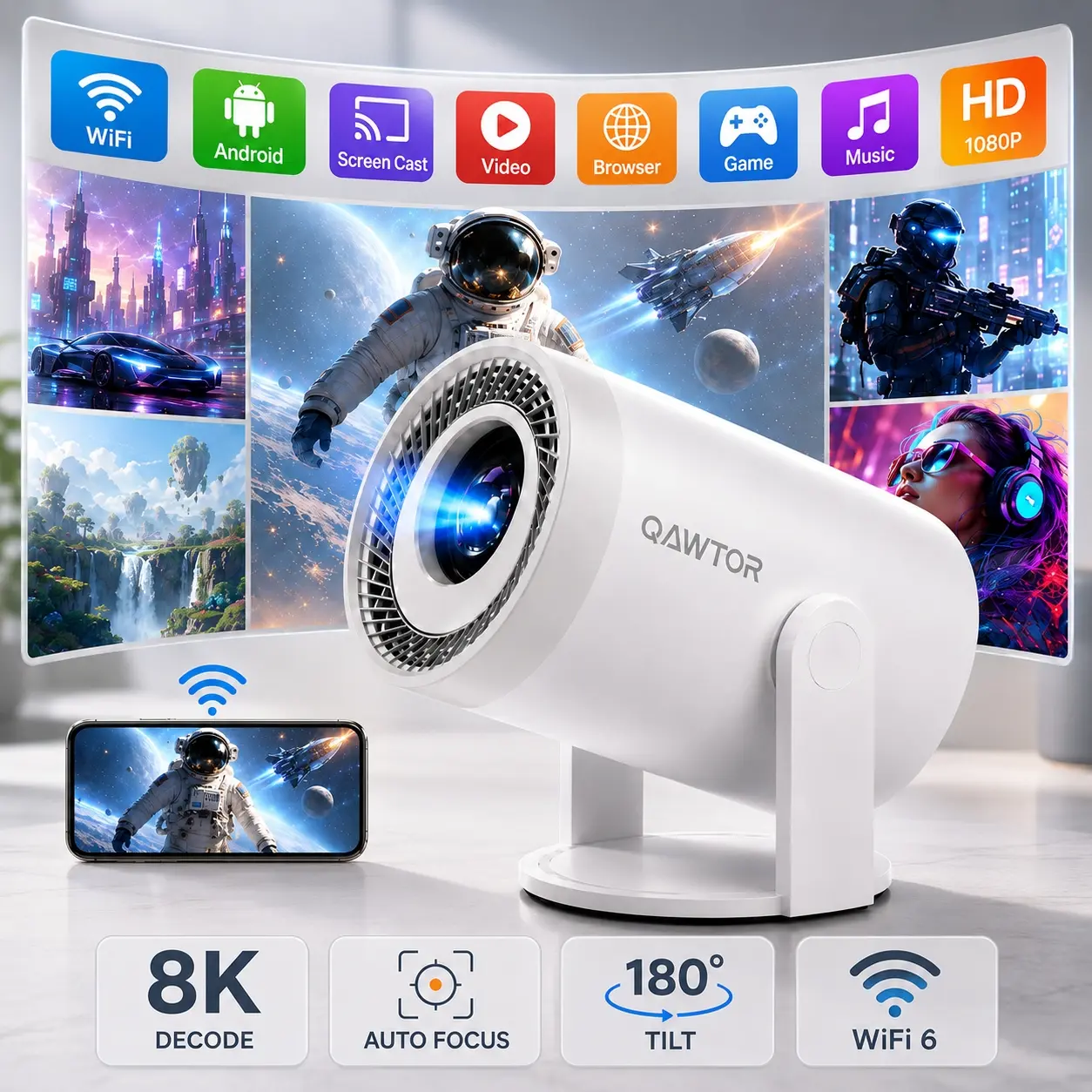 Ultra-Bright 300 Lumens Portable Mini Projector – 4K Decoding Smart Projector with 0.9:1 Short Throw, 360° Focus Ring, Up to 235" Display for Home Theater, Bedroom & Travel